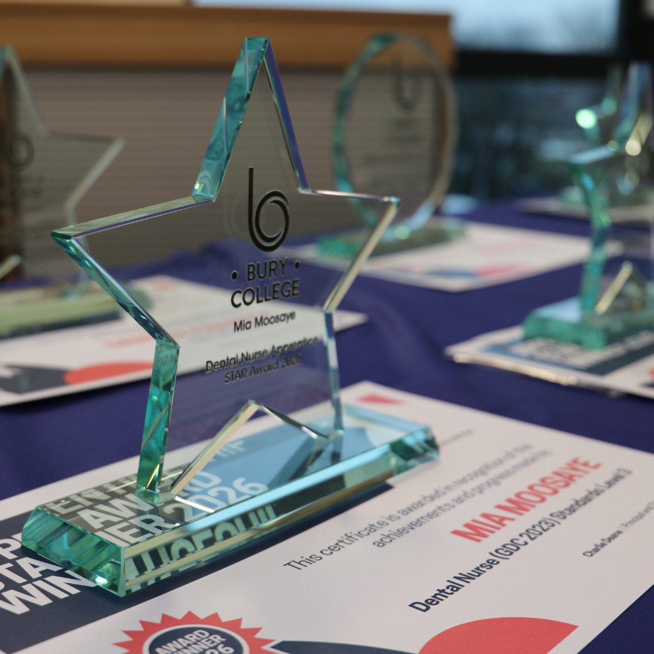 Trophies on the table at the Bury College Apprenticeship Star Award Ceremony