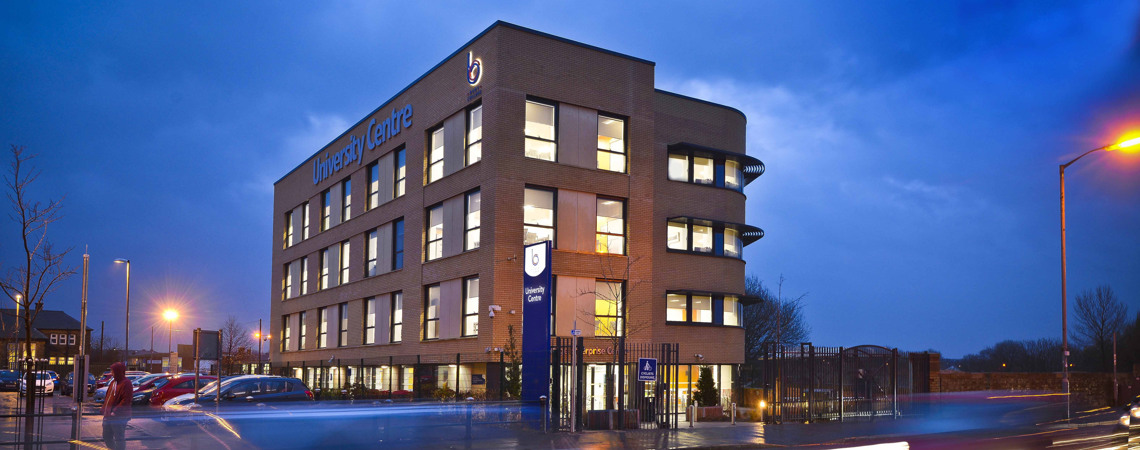 Bury College University Centre at night