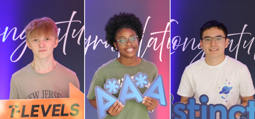 students stood against congratulations signs on results day