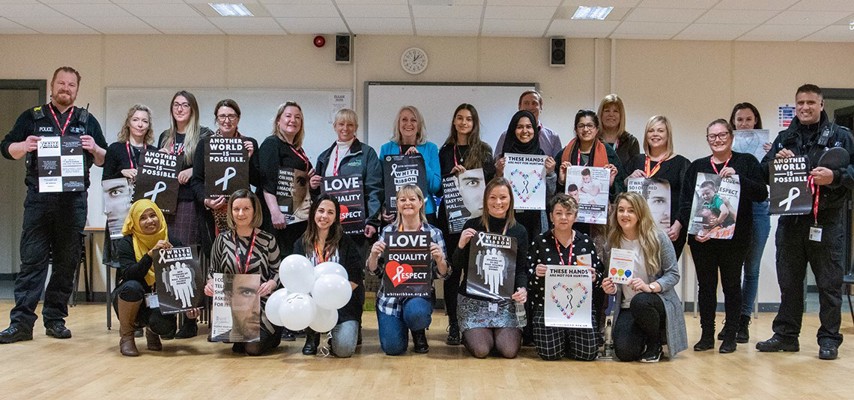 Bury College students hosting the 2019 Domestic Violence and Abuse White Ribbon Campaign event