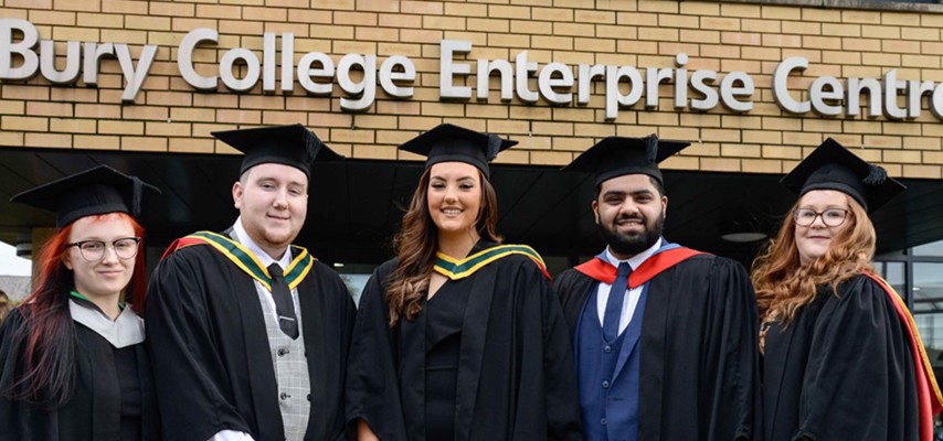 5 Students in gowns and caps at Bury College University Centre’s Graduation Ceremony