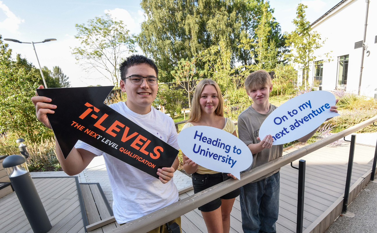 students on results day holding up signs