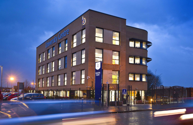 Bury College University Centre at night time