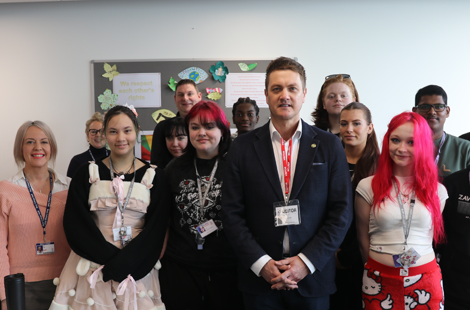 MP James Frith with students of Bury College