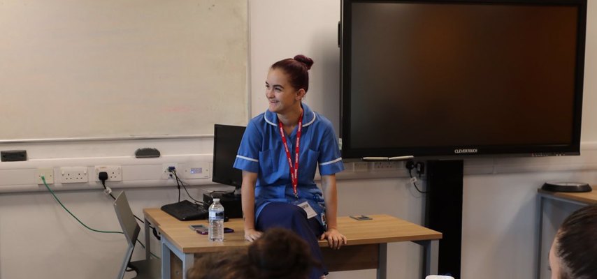 Holly Atkinson speaking to students