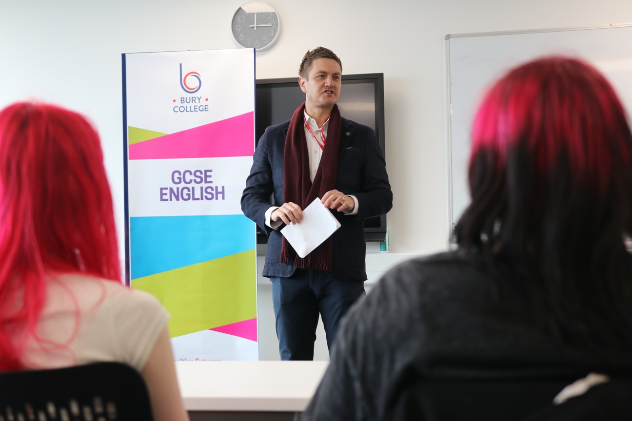 MP James Frith stood giving a talk at Bury College