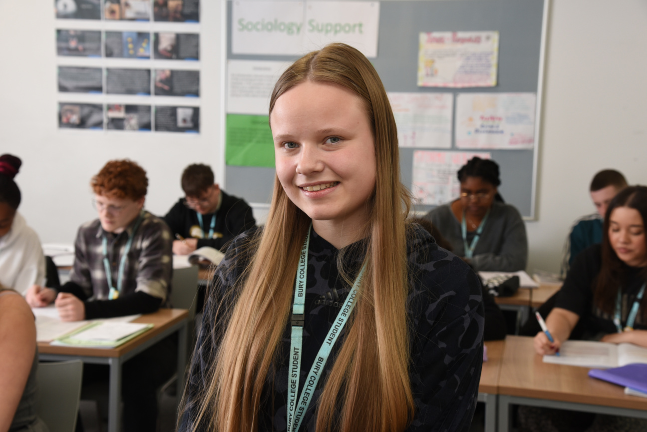 student sat in an A Level classroom