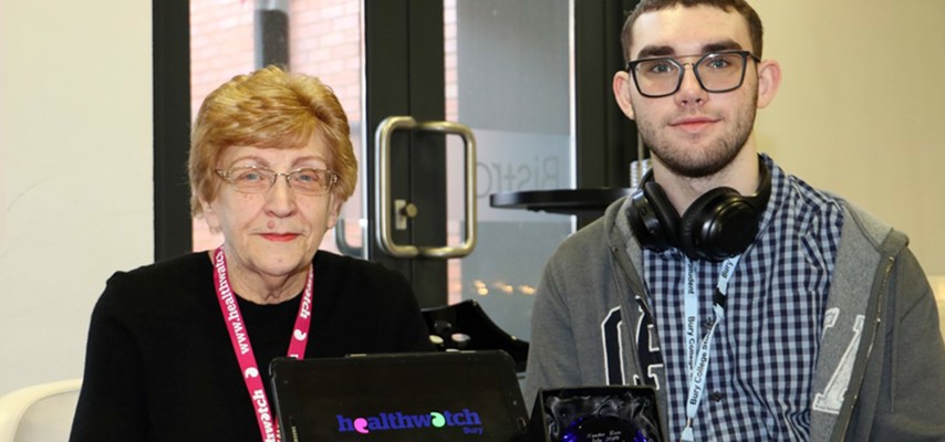 Creative Media student, Xander Ross stood with Healthwatch Bury Chairman, Barbara Barlow