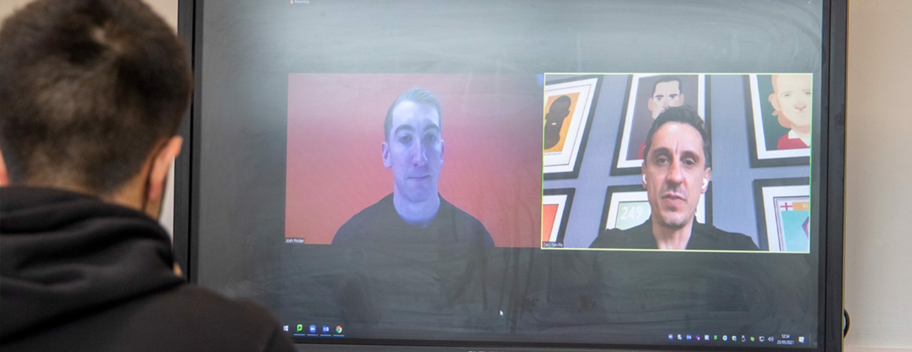 Gary Neville speaking with Bury College students on a virtual Q&A