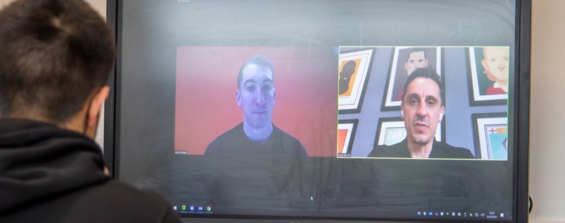 Gary Neville speaking with Bury College students on a virtual Q&A