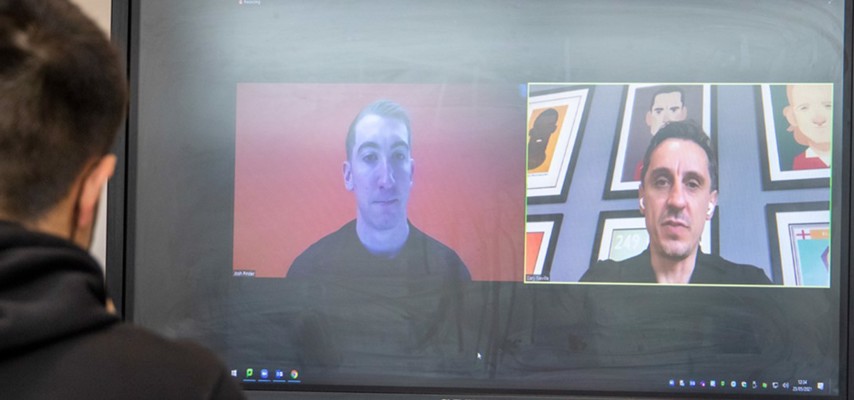 Gary Neville speaking with Bury College students on a virtual Q&A