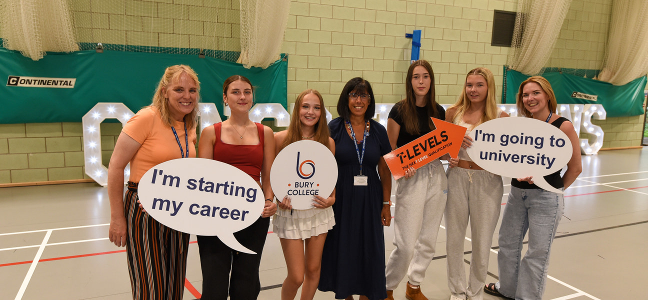 a row of people holding signs at a results day celebration