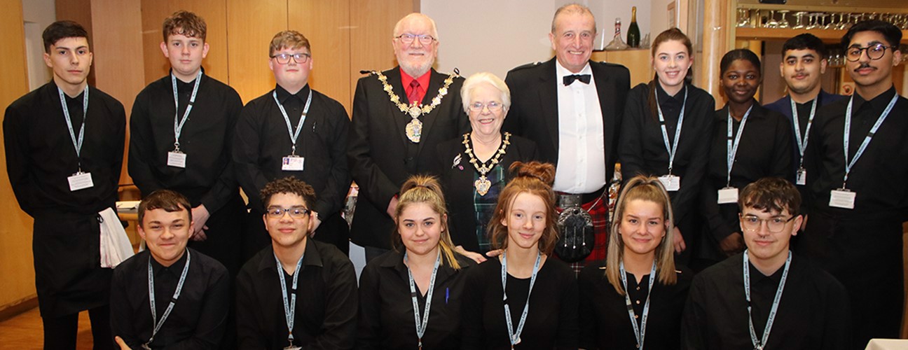 Group of Bury College Catering students stood with the Mayor of Bury