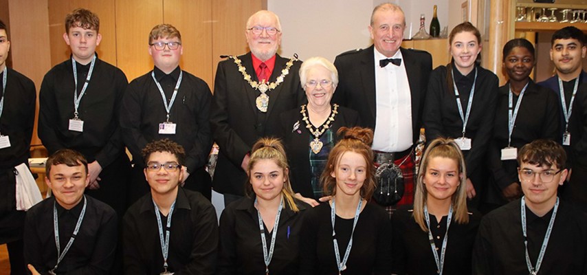 Group of Bury College Catering students stood with the Mayor of Bury