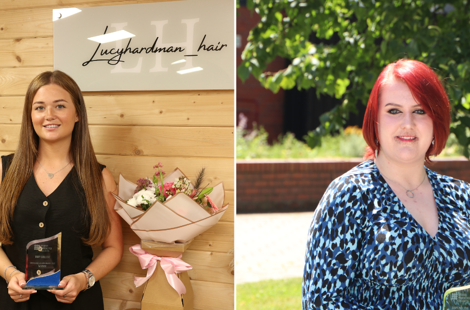 Lucy Hardman and Holly Clarke receiving GM Colleges Alumni Award