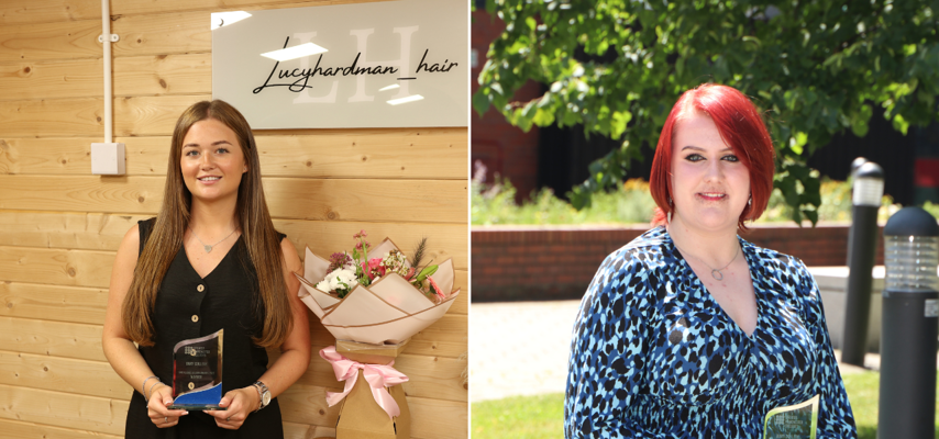 Lucy Hardman and Holly Clarke receiving GM Colleges Alumni Award