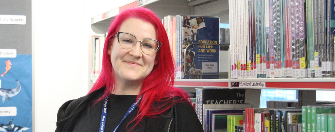 Bury College adult learner, Stacy, in the library