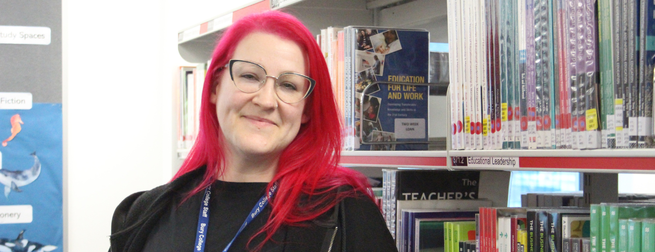 Bury College adult learner, Stacy, in the library