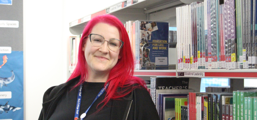 Bury College adult learner, Stacy, in the library
