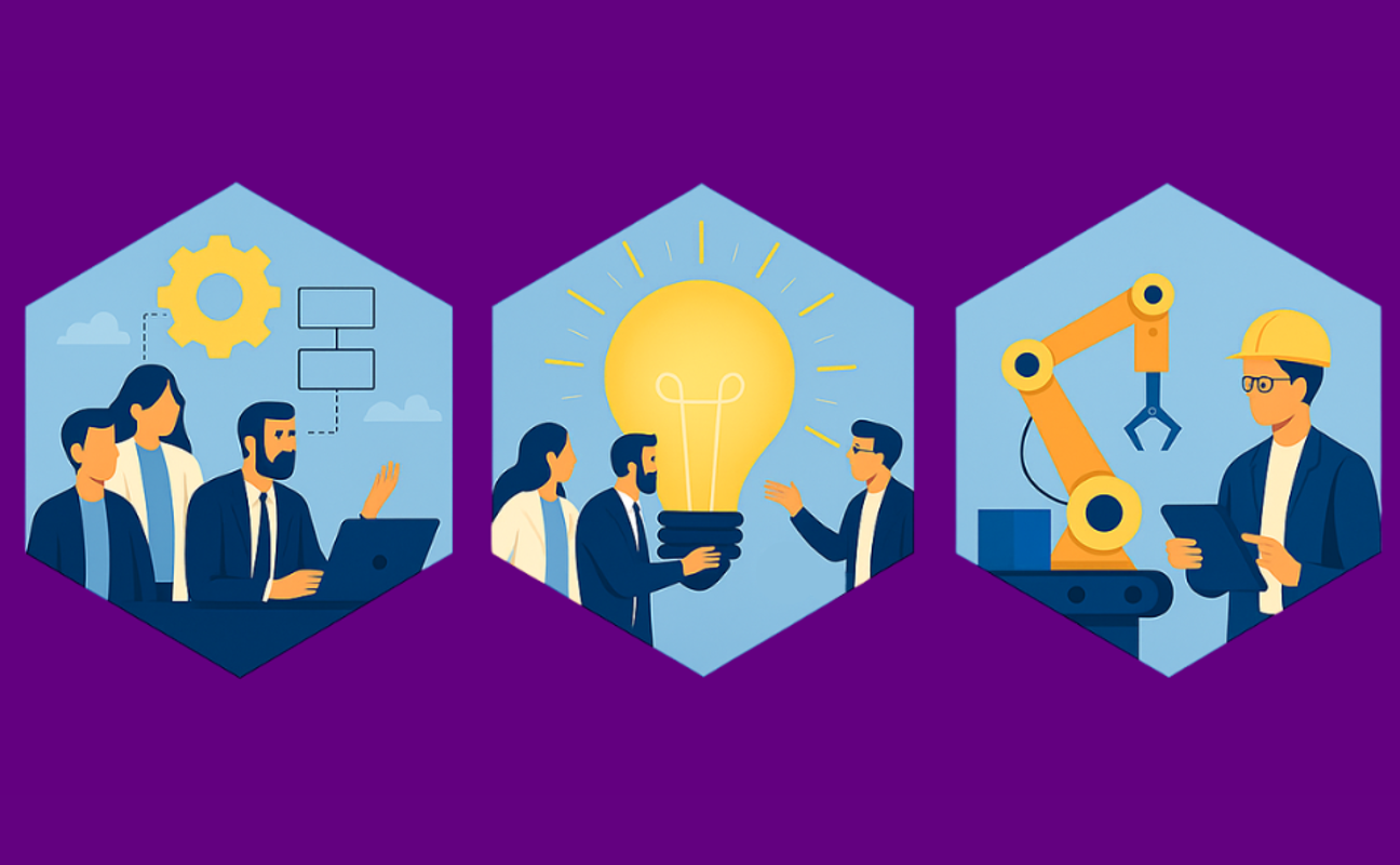 three hexagons featuring innovation symbols