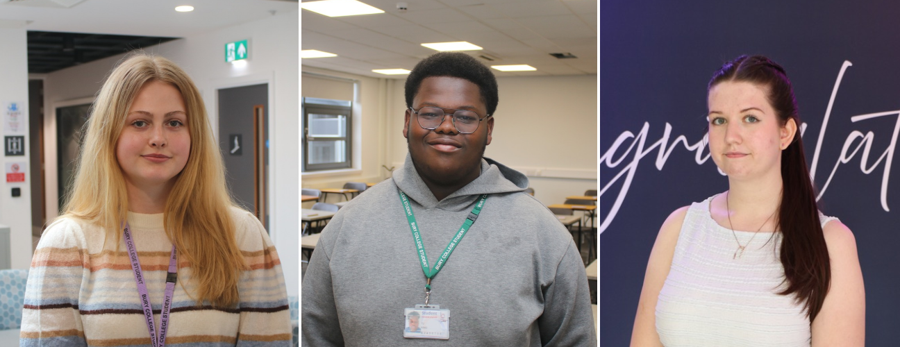 three students in different classroom settings
