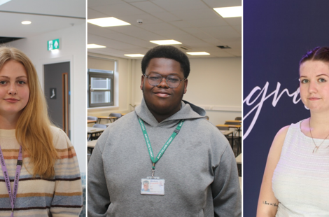 three students in different classroom settings