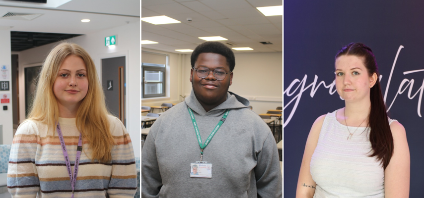 three students in different classroom settings